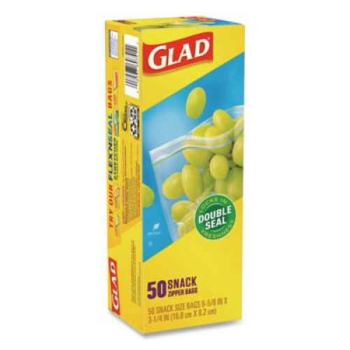 Glad Zipper Food Storage Plastic Bags, Snack Size, 3.25 x 6.63 x 9.31, Clear, 50 Bags/Box, 12 Boxes/Carton (60741)