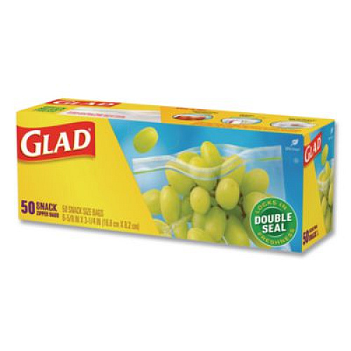 Glad Zipper Food Storage Plastic Bags, Snack Size, 3.25 x 6.63 x 9.31, Clear, 50 Bags/Box, 12 Boxes/Carton (60741)