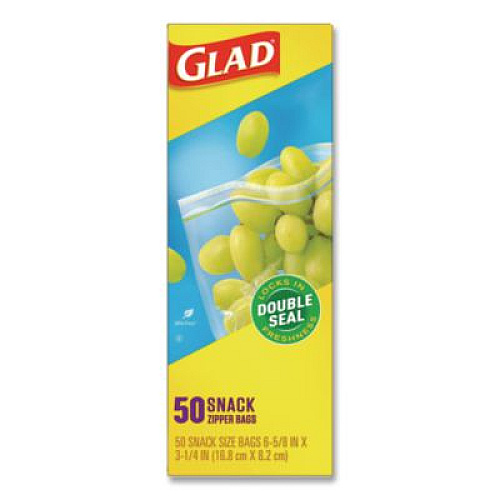 Glad Zipper Food Storage Plastic Bags, Snack Size, 3.25 x 6.63 x 9.31, Clear, 50 Bags/Box, 12 Boxes/Carton (60741)