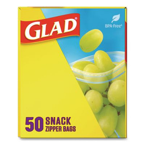 Glad Zipper Food Storage Plastic Bags, Snack Size, 3.25 x 6.63 x 9.31, Clear, 50 Bags/Box, 12 Boxes/Carton (60741)