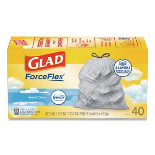 Glad ForceFlex Kitchen Drawstring Trash Bags, 13 gal, Gain Fresh Clean Scent, 24 x 27.38, White, 40 Bags/Box, 6 Boxes/Carton (78361)