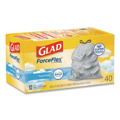 Glad ForceFlex Kitchen Drawstring Trash Bags, 13 gal, Gain Fresh Clean Scent, 24 x 27.38, White, 40 Bags/Box, 6 Boxes/Carton (78361)
