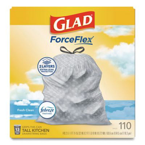 Glad ForceFlex Tall Kitchen Drawstring Trash Bags, Drawstring, 13 gal, Fresh Clean Scent, 10.19 x 9.81, Gray, 110/Roll, 3/Carton (78563CT)