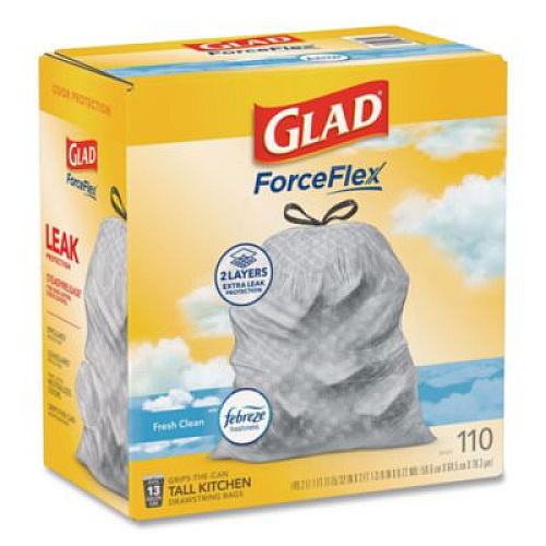 Glad ForceFlex Tall Kitchen Drawstring Trash Bags, Drawstring, 13 gal, Fresh Clean Scent, 10.19 x 9.81, Gray, 110/Roll, 3/Carton (78563CT)