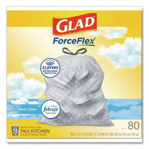Glad ForceFlex Kitchen Drawstring Trash Bags, 13 gal, Fresh Clean Scent, 24" x 27.38", White, 80 Bags/Box, 3 Boxes/Carton (78899)