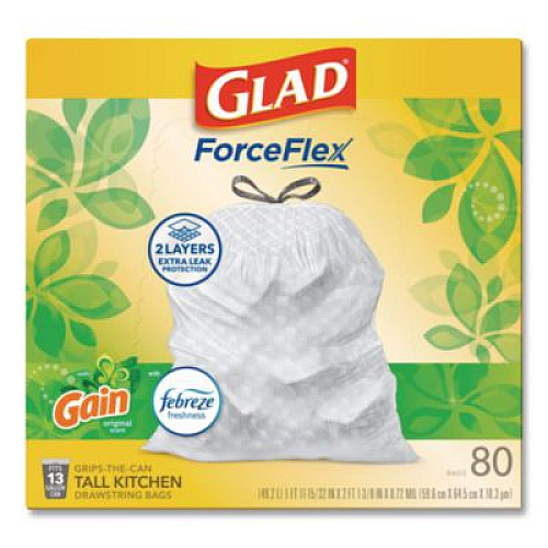 Glad ForceFlex Kitchen Drawstring Trash Bags, 13 gal, Gain Original Scent, 24" x 27.38", White, 80 Bags/Box, 3 Boxes/Carton (78900)