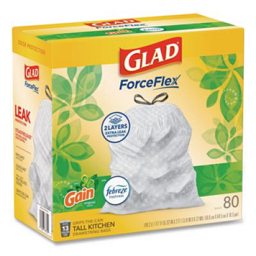 Glad ForceFlex Kitchen Drawstring Trash Bags, 13 gal, Gain Original Scent, 24" x 27.38", White, 80 Bags/Box, 3 Boxes/Carton (78900)