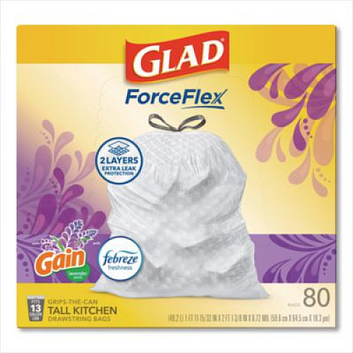 Glad ForceFlex Kitchen Drawstring Trash Bags, 13 gal, Gain Lavender Scent, 24 x 27.38, White, 80 Bags/Box, 3 Boxes/Carton (78902)
