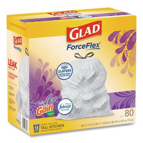 Glad ForceFlex Kitchen Drawstring Trash Bags, 13 gal, Gain Lavender Scent, 24 x 27.38, White, 80 Bags/Box, 3 Boxes/Carton (78902)