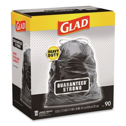 Glad Guaranteed Strong Large Drawstring Trash Bags, Three-Ply, 30 gal, 1.05 mil, 30" x 33", Black, 90/Carton (78952)