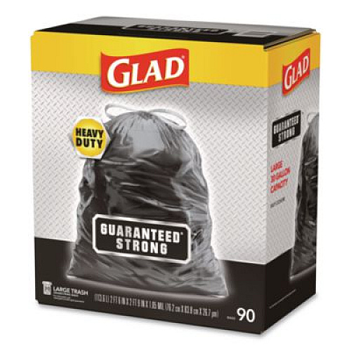 Glad Guaranteed Strong Large Drawstring Trash Bags, Three-Ply, 30 gal, 1.05 mil, 30" x 33", Black, 90/Carton (78952)