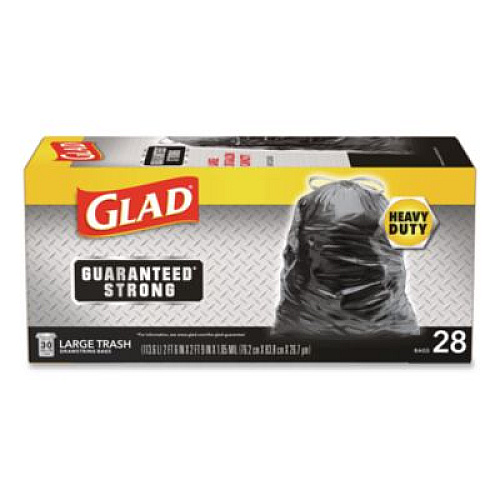 Glad Guaranteed Strong Large Drawstring Trash Bags, Three-Ply, 30 gal, 1.05 mil, 30 x 33, Black, 28 Bags/Box, 6 Boxes/Carton (78966)