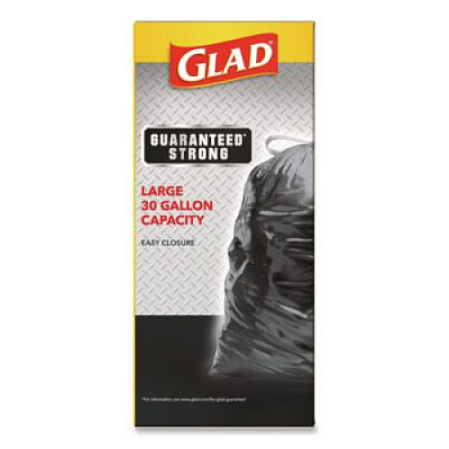 Glad Guaranteed Strong Large Drawstring Trash Bags, Three-Ply, 30 gal, 1.05 mil, 30 x 33, Black, 28 Bags/Box, 6 Boxes/Carton (78966)