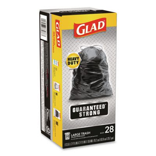 Glad Guaranteed Strong Large Drawstring Trash Bags, Three-Ply, 30 gal, 1.05 mil, 30 x 33, Black, 28 Bags/Box, 6 Boxes/Carton (78966)