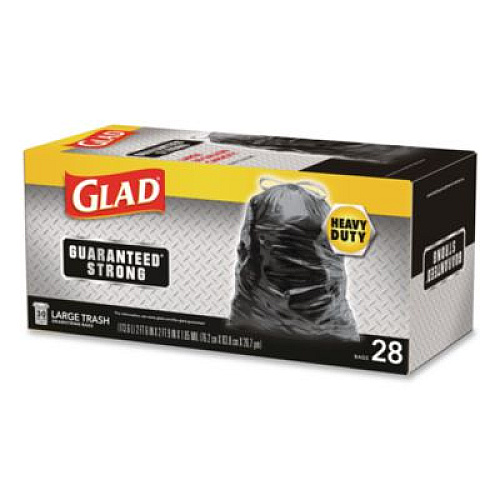 Glad Guaranteed Strong Large Drawstring Trash Bags, Three-Ply, 30 gal, 1.05 mil, 30 x 33, Black, 28 Bags/Box, 6 Boxes/Carton (78966)