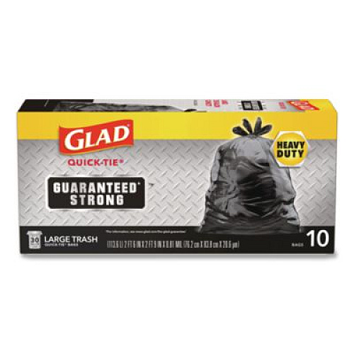 Glad Large Quick-Tie Trash Bags, Tie-Flap, 30 gal, 0.81 mil, 30 x 33, Black, 10 Bags/Box, 12 Boxes/Carton (00079CT)