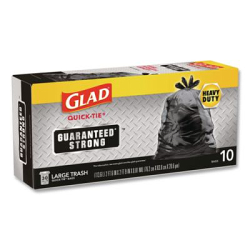 Glad Large Quick-Tie Trash Bags, Tie-Flap, 30 gal, 0.81 mil, 30 x 33, Black, 10 Bags/Box, 12 Boxes/Carton (00079CT)