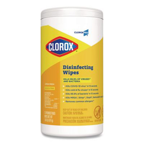 Clorox Disinfecting Wipes, 1-Ply, 7 x 8, Lemon Fresh, White, 75/Canister, 6/Carton (15948CT)
