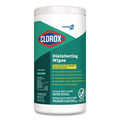 Clorox Disinfecting Wipes, 1-Ply, Fresh Scent, 7 x 8, White, 75/Canister, 6 Canisters/Carton (15949CT)