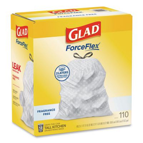 Glad ForceFlex Kitchen Drawstring Trash Bags, Drawstring, 13 gal, Unscented, 23.47 x 25.38, White, 110 Bags/Box, 3 Boxes/Carton (22541CT)