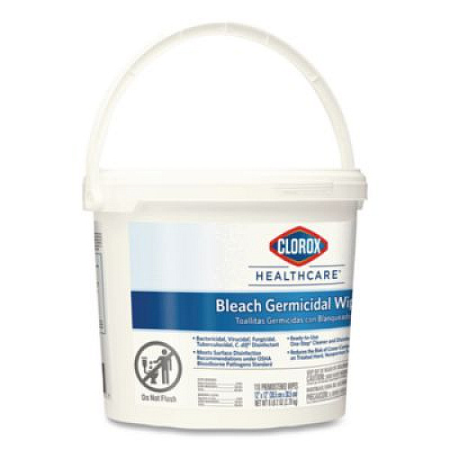Clorox Healthcare Bleach Germicidal Wipes, 1-Ply, 12 x 12, Unscented, White, 110/Bucket, 2 Buckets/Carton (30358CT)