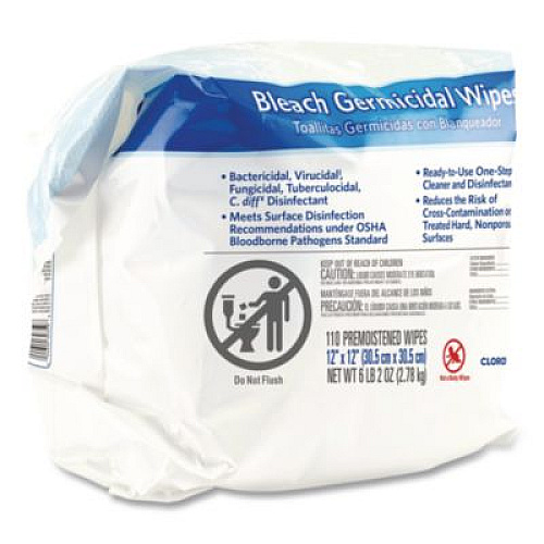 Clorox Healthcare Bleach Germicidal Wipes, 1-Ply, 12 x 12, Unscented, White, 110/Refill, 2 Refills/Carton (30359CT)