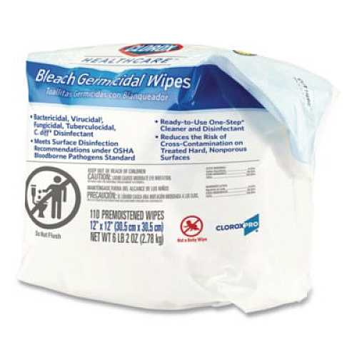 Clorox Healthcare Bleach Germicidal Wipes, 1-Ply, 12 x 12, Unscented, White, 110/Refill, 2 Refills/Carton (30359CT)