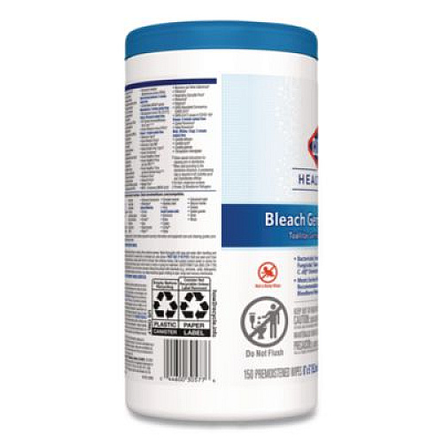 Clorox Healthcare Bleach Germicidal Wipes, 1-Ply, 6 x 5, Unscented, White, 150/Canister, 6 Canisters/Carton (30577CT)