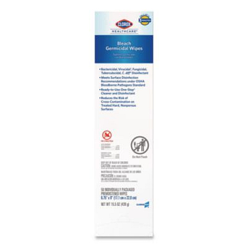 Clorox Healthcare Bleach Germicidal Wipes, Individual Wipes, 1-Ply, 6.75 x 9, Unscented, White, 50/Box, 6 Boxes/Carton (31424CT)