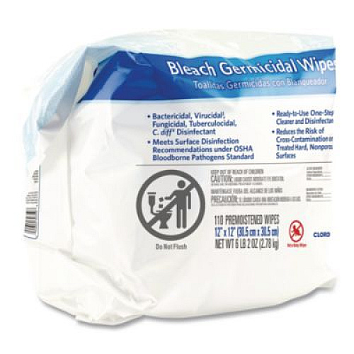 Clorox Healthcare Bleach Germicidal Wipes, Refill for Bucket, 1-Ply, 12 x 12, Unscented, White, 110/Pouch (30359)