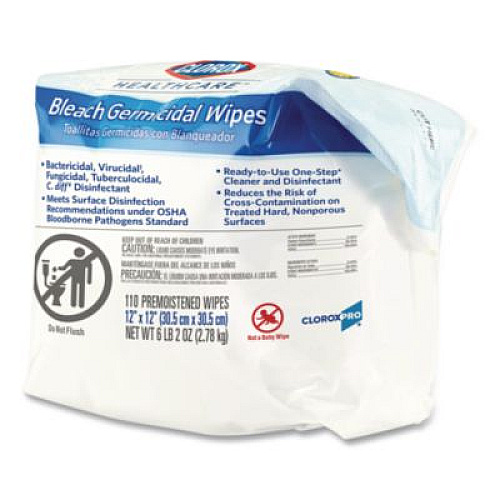 Clorox Healthcare Bleach Germicidal Wipes, Refill for Bucket, 1-Ply, 12 x 12, Unscented, White, 110/Pouch (30359)