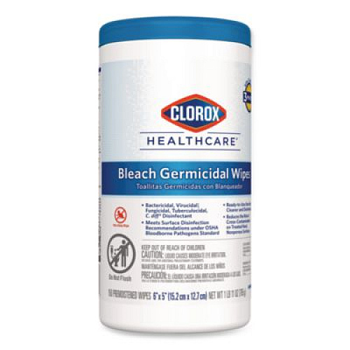 Clorox Healthcare Bleach Germicidal Wipes, 1-Ply, 6 x 5, Unscented, White, 150/Canister (30577)