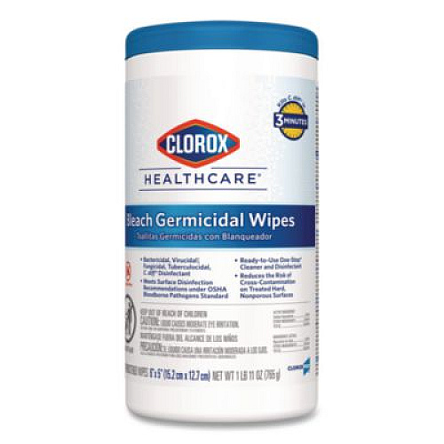 Clorox Healthcare Bleach Germicidal Wipes, 1-Ply, 6 x 5, Unscented, White, 150/Canister (30577)