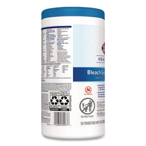 Clorox Healthcare Bleach Germicidal Wipes, 1-Ply, 6 x 5, Unscented, White, 150/Canister (30577)