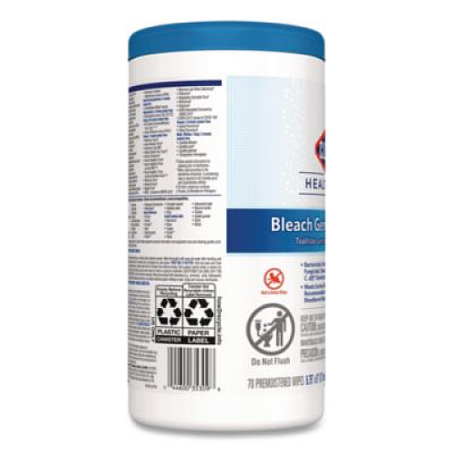 Clorox Healthcare Bleach Germicidal Wipes, 1-Ply, 6.75 x 9, Unscented, White, 70/Canister (35309)