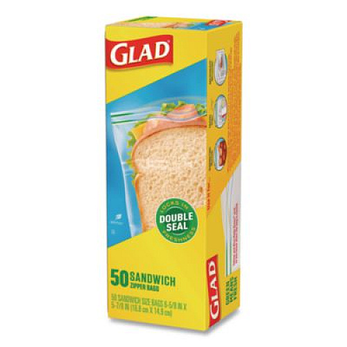 Glad Zipper Food Storage Plastic Sandwich Bags, 6.63 x 5.88, Clear, 50 Bags/Box (57263BX)