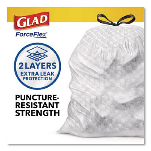 Glad Tall Kitchen Drawstring Trash Bags with LeakGuard, 13 gal, Unscented, 23.47" x 25.38", White, 120/Box (78564)
