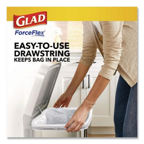 Glad Tall Kitchen Drawstring Trash Bags with LeakGuard, 13 gal, Unscented, 23.47" x 25.38", White, 120/Box (78564)