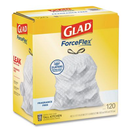 Glad Tall Kitchen Drawstring Trash Bags with LeakGuard, 13 gal, Unscented, 23.47" x 25.38", White, 120/Box (78564)