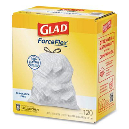 Glad Tall Kitchen Drawstring Trash Bags with LeakGuard, 13 gal, Unscented, 23.47" x 25.38", White, 120/Box (78564)