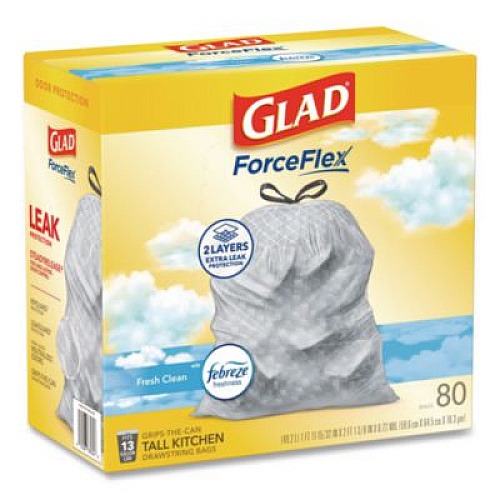 Glad ForceFlex Kitchen Drawstring Trash Bags, 13 gal, Gain Fresh Clean Scent, 24 x 27.38, White, 80/Box (78899BX)