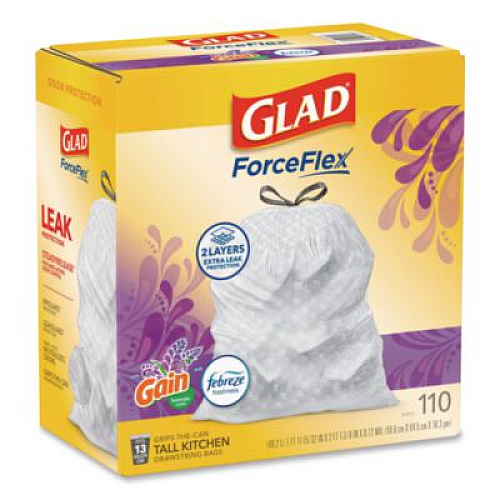 Glad ForceFlex Tall Kitchen Drawstring Trash Bags, 13 gal, Gain Lavender with Febreze Freshness, 10.18 x 9.81, White, 110/Box (79157)