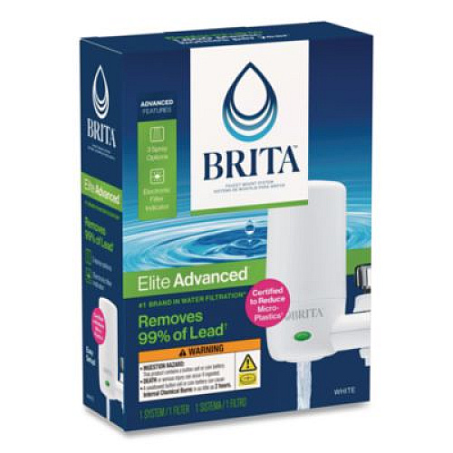Brita Water Faucet Mount Filtration System with 1 Elite Advanced Replacement Filter, White, 4/Carton (42201CT)