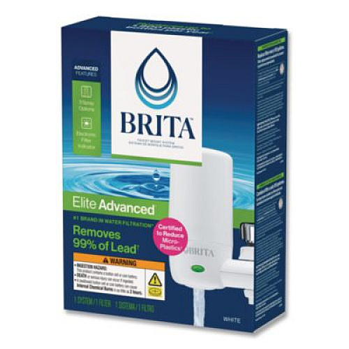 Brita Water Faucet Mount Filtration System with 1 Elite Advanced Replacement Filter, White, 4/Carton (42201CT)