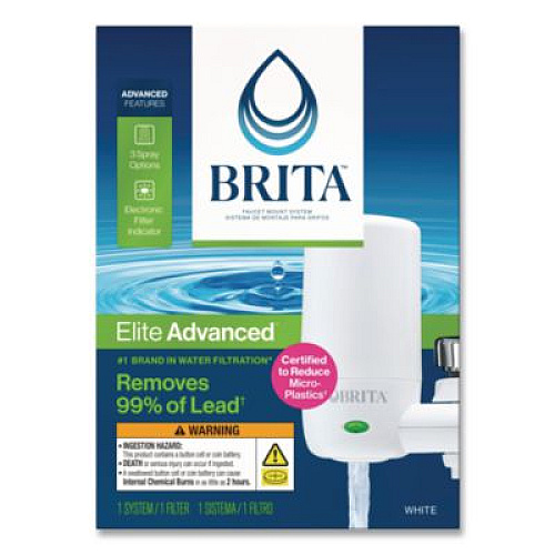 Brita Water Faucet Mount Filtration System with 1 Elite Advanced Replacement Filter, White, 4/Carton (42201CT)