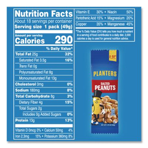 Planters Salted Peanuts, 1.75 oz Pack, 18 Packs/Box (20900627)