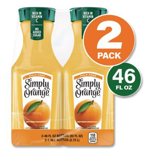 Simply Orange Orange Juice Pulp Free, 52 oz Bottle, 2/Pack (90200102)