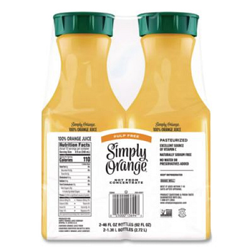 Simply Orange Orange Juice Pulp Free, 52 oz Bottle, 2/Pack (90200102)