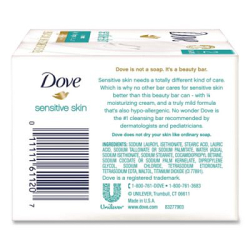 Dove Sensitive Skin Bath Bar, Unscented, 3.75 oz, 8 Bars/Pack, 9 Packs/Carton (CB613789)