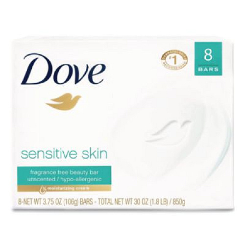 Dove Sensitive Skin Bath Bar, Unscented, 3.75 oz, 8 Bars/Pack, 9 Packs/Carton (CB613789)